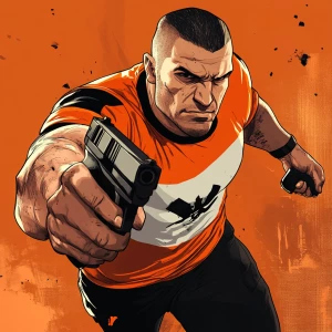 Create an image of a muscular character dressed in an orange and...