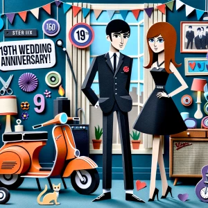‘Happy 19th Anniversary!’ Written
A 60s mod vibe with a tan male...