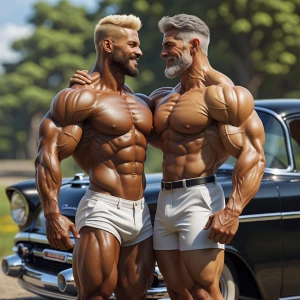 Create an image depicting a proud gay couple, both bodybuilders,...