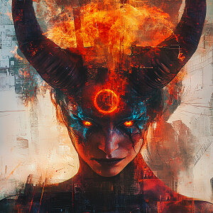 A malevolent deity with fiery hues of red, orange, yellow, and c...