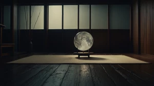A minimalist Japanese zen composition with soft silver foil gent...