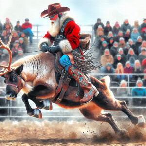 A hyperrealistic watercolour illustration of a reindeer rodeo. S...