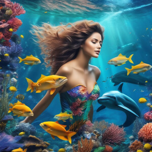 Mermaid swimming with dolphin