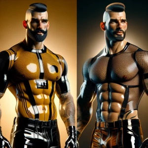 Two muscular bodybuilder men stand close together, both wearing...