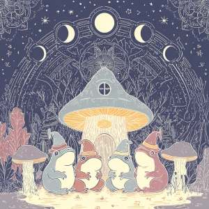 cute line-art illustration of frogs wearing wizard hats sitting...