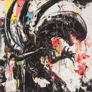 A chaotic depiction of an alien hybrid in the energetic style of...