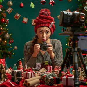 Photorealistic image. Woman making YouTube video of herself, mak...