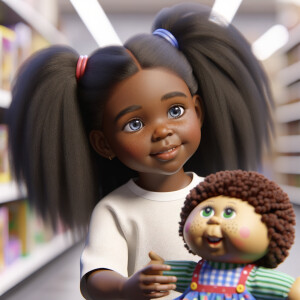 Create a 3-D realistic image of an African-American little girl above the age of five she has huge, blue eyes and thick long ponytails.
She is in a toy store and she is playing with her favorite african-American Cabbage Patch doll , the doll has deep, dimples and freckles