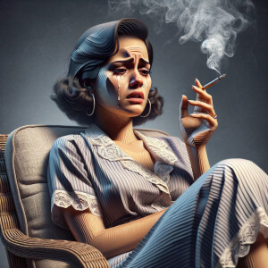 Crying woman in a nightgown siting on her chair smoking a cigarette .