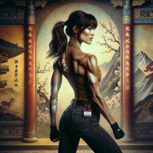 Athletic Thin skinny Attractive, Asian teenage girl, long brown hair and bangs, wearing tight skinny jeans and a halter top paint marks on her clothing, heroic pose Asian graffiti background, rear view