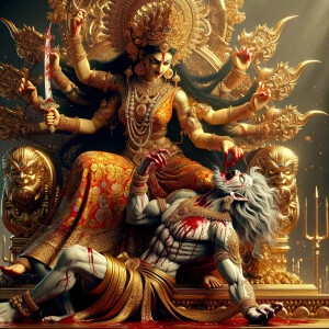 portrait of angry looking goddess durga sitting on a gold crown...