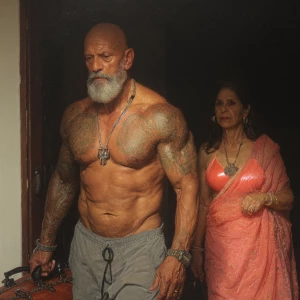 Hyperrealism oil painting.a gujarati muscular beefy bearded tatt...