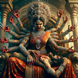 portrait of angry looking, four-armed indian goddess sitting on...