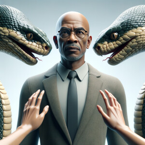 "Craft a hyper-realistic scenario where three humanoid snake cha...