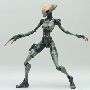 Design a highly detailed action figure of an alien girl featurin...