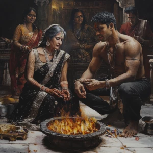 Realistic art 1:1,A sweaty  man sitting beside his mother in law...