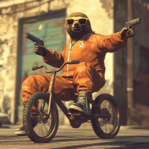 Sloths slerf meme..Sitting on a pedal bike pointing a pistol, su...