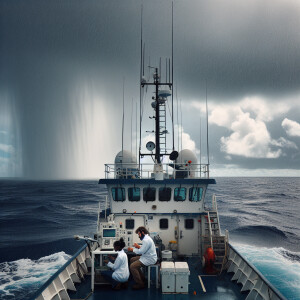 The ship is standing in the middle of the ocean. There are few r...