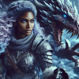A beautiful huntress from the “Monster Hunter” series with dark...