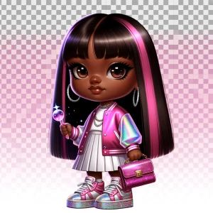 Full-body chibi-style African American teen girl with glossy coc...