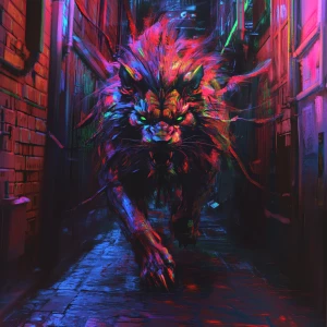 In the eerie glow of a neon-lit alley, a nightmarish manticore l...