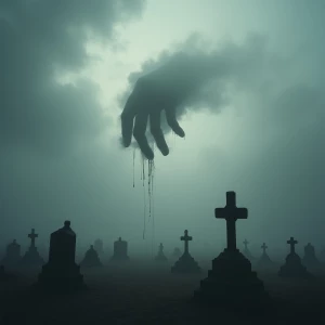 A spectral hand emerging from billowy clouds above a fog-enshrou...
