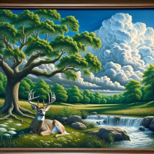 blue skies with white fluffy clouds, on the green grass is a oak...