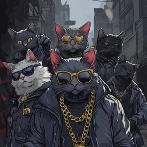 A group of cool gangster cats in an urban environment, wearing s...