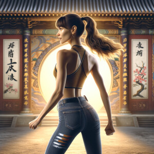 Athletic Thin skinny Attractive, Asian teenage girl, long brown hair and bangs, wearing tight skinny jeans and a halter top paint marks on her clothing, heroic pose Asian graffiti background, backside view