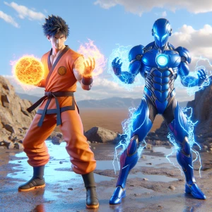 Goku and Vegeta showcasing their signature moves in a dynamic ba...