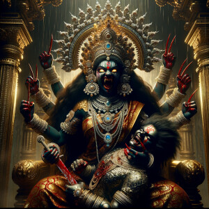 portrait of extremly angry looking goddess kali, black skinned, sitting on a gold crown and carrying a weak mahishasur on her lap and stabbing him with her amazing long red finger nails. She is wearing diamond armor, a huge diamond crown, red saree, abundant diamond jewelry, covered in blood. The scene is set in ancient India. The image is 8K resolution, cinematic, ultra detailed face and epic.