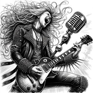 Rock star dressed in leather and spikes playing a Les Paul guitar long blonde hair singing into a microphone made of skulls on stage