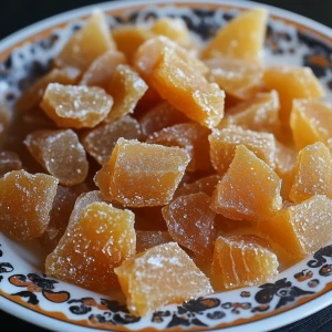 a plate filled with pieces of candied or crystallized ginger. The ginger pieces are irregularly shaped and have a translucent, glossy appearance, indicating they have been coated in sugar syrup. The plate itself is white with decorative orange and black floral patterns along the edges. The background appears to be a dark surface, possibly a table or countertop.

Ask
Explain