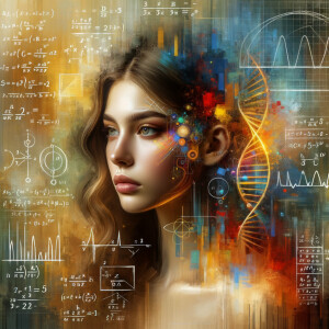 Abstract, minimalist, painting, with pencil line, paint stroke, gestures, colorful marks, mathematical equations, electrical cardiogram, printouts complex math formulas, dna asian teen girl