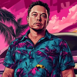 Elon Musk in GTA art style — Blue shirt — in the style of a Gran...