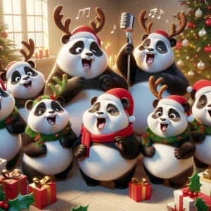 A chorus of animated the fat pandas singing Christmas carols, ea...