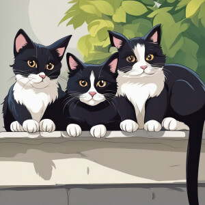 Three mischievous cats sitting on a ledge, looking mischievously...
