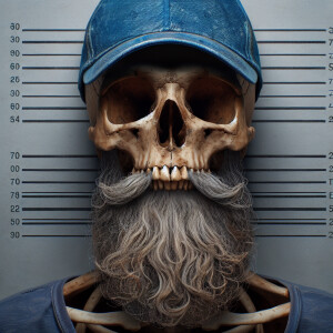 Skull with greybeard, blue baseball cap in a mugshot