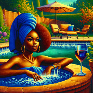 oil painting : Patio landscape a jacuzzi on the patio blue water...
