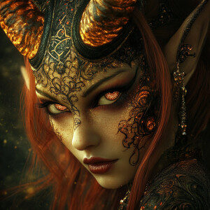 A captivating alien sorceress with iridescent horns, skin adorne...