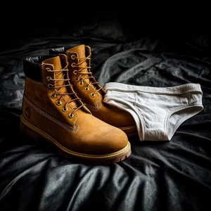 Make a pair of tan men’s work boots and on top of them a white j...