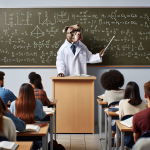 Pitbull in lab coat teaching college science class