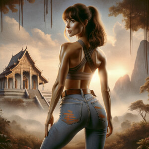 Athletic Thin skinny Attractive, Asian teenage girl, long brown hair and bangs, wearing tight skinny jeans and a halter top paint marks on her clothing, heroic pose Asian graffiti background, backside view