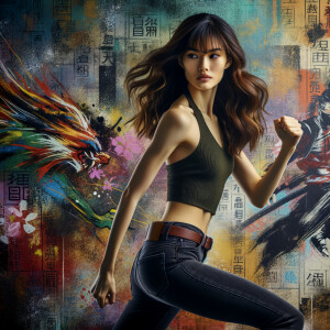 Very thin Athletic Thin skinny Attractive, Asian teenage girl, long brown hair and bangs, wearing tight skinny jeans and a halter top paint marks on her clothing, heroic sideways pose Asian graffiti background