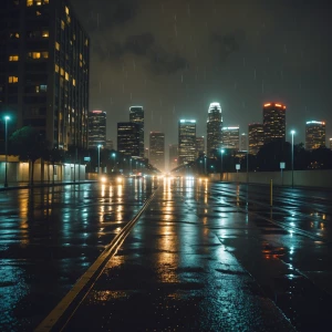 A nighttime view of Los Angeles right after a heavy rain, showca...