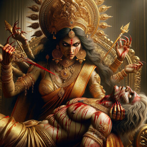 portrait of angry looking goddess durga sitting on a gold crown and carrying a weak mahishasur on her lap and poking him with her amazingly long red fingernails. She is wearing gold armor, a huge gold crown, gold saree, abundant  gold jewelry, covered in blood. The scene is set in ancient India. The image is 8K resolution, cinematic, photography, ultra detailed face and epic.