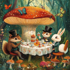 A whimsical illustration of a tea party taking place amongst gia...
