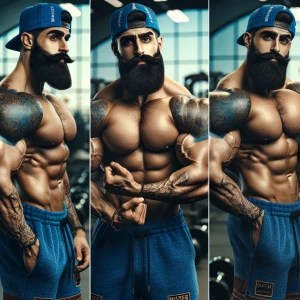 A muscular man is flexing his biceps in a gym setting. He has a...