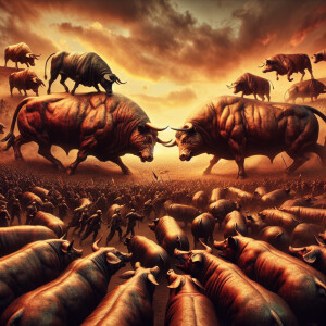 army of copper bulls fight with pigs