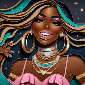 A glamorous bedazzled layered papercut African American woman wi...